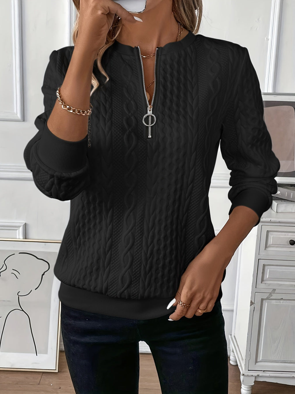 Maglia con mezza zip e motivo a trecce "Lucilla"