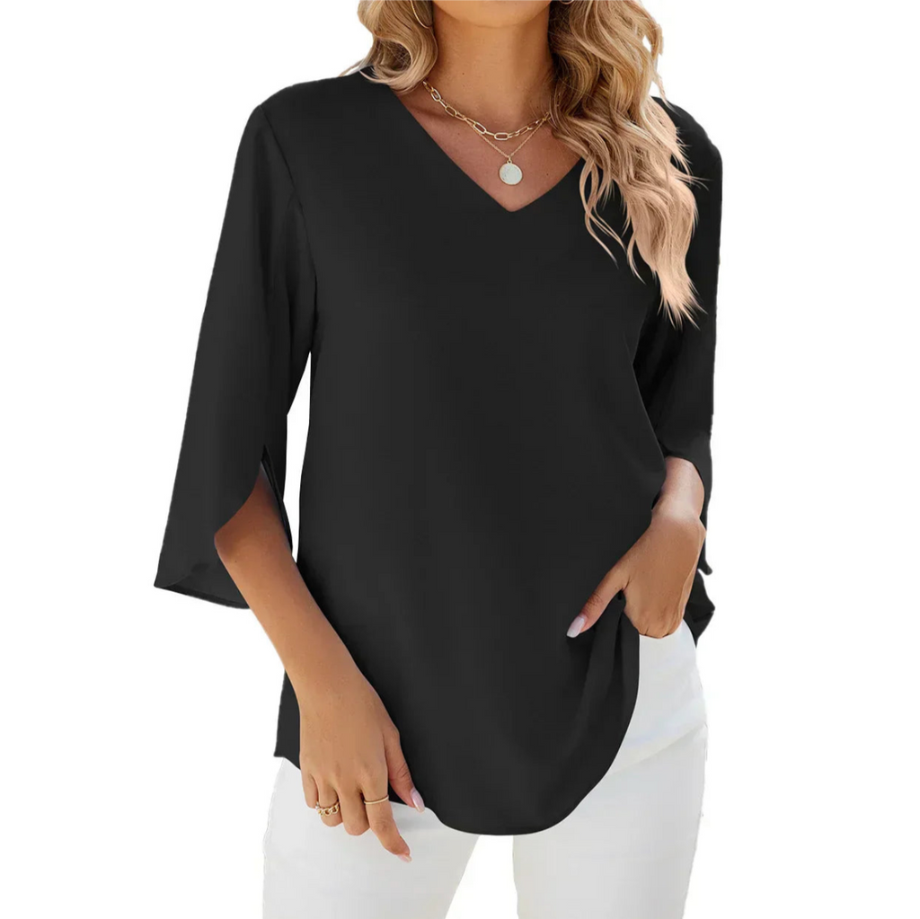 Blusa fluida con scollo a V e maniche a 3/4 spaccate "Gabriella"