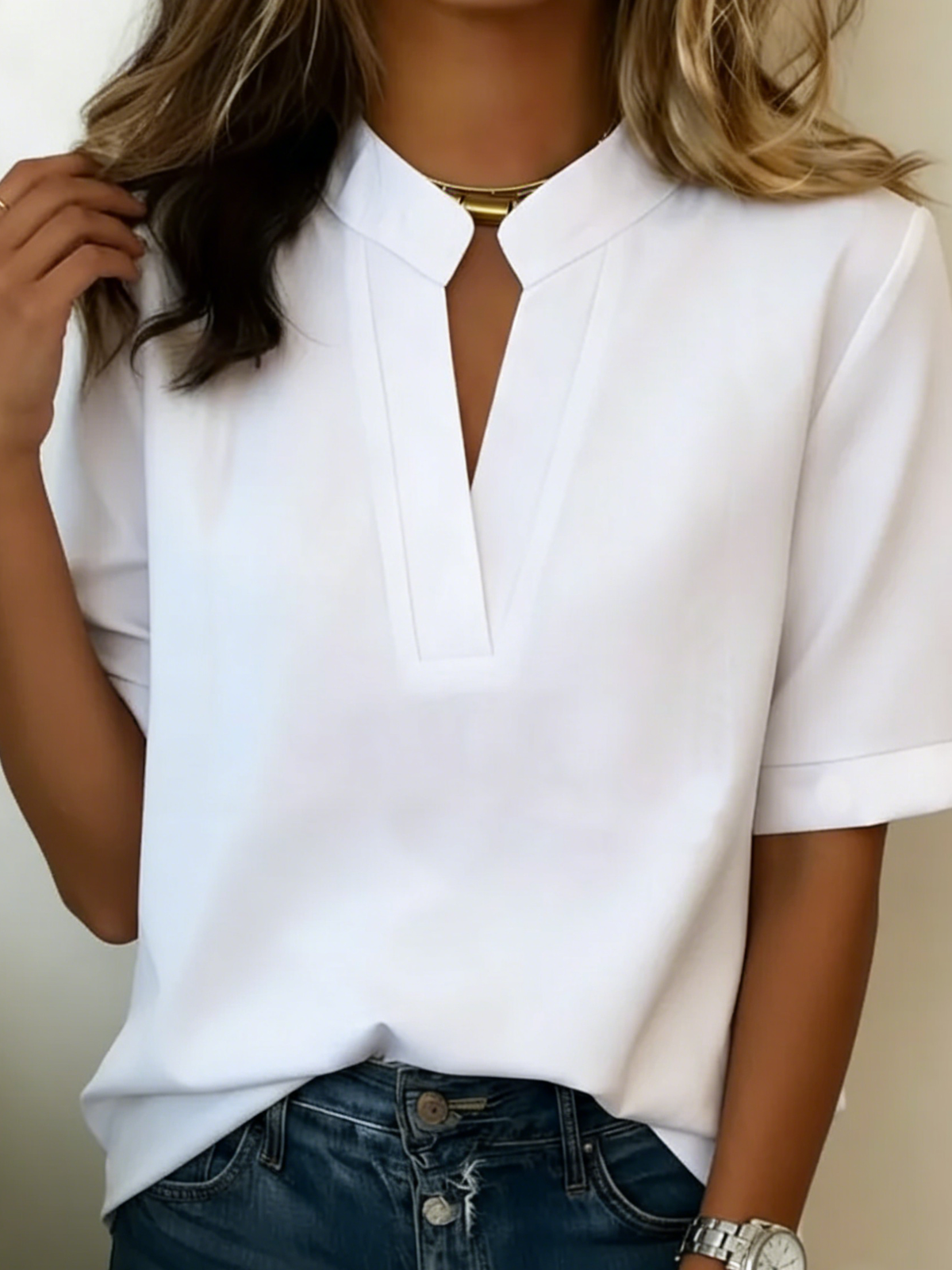 Blusa con collo alla coreana e scollo a V "Claudia"