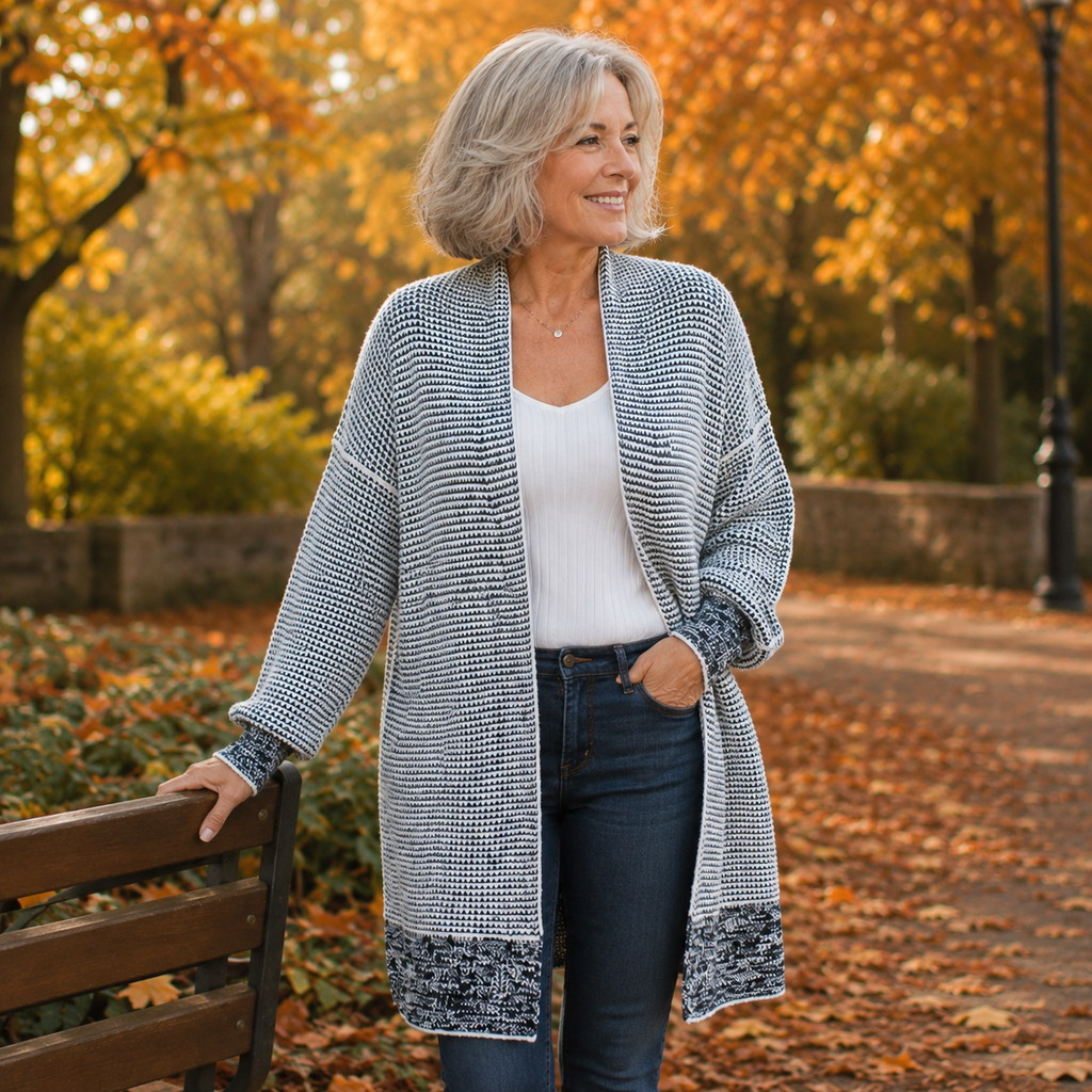 Cardigan lungo aperto in maglia bicolore "Susanna"