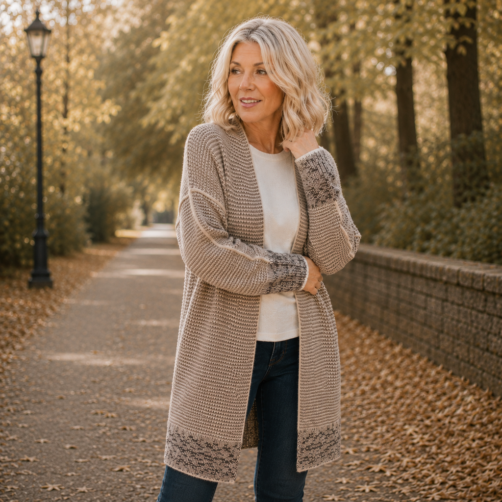 Cardigan lungo aperto in maglia bicolore "Susanna"