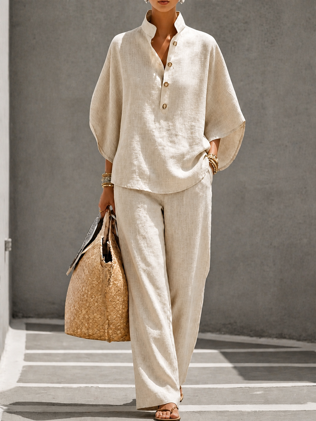 Completo blusa con collo alla coreana e pantaloni larghi in cotone "Flavia"