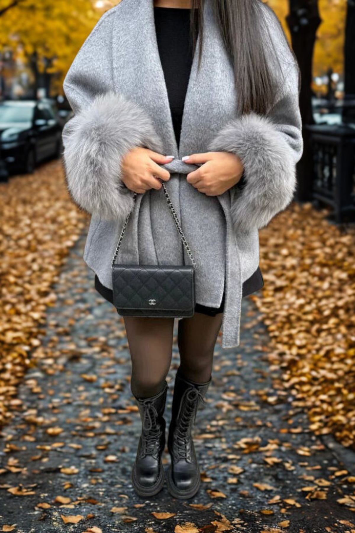 Cappotto a vestaglia con polsini in ecopelliccia "Allegra"