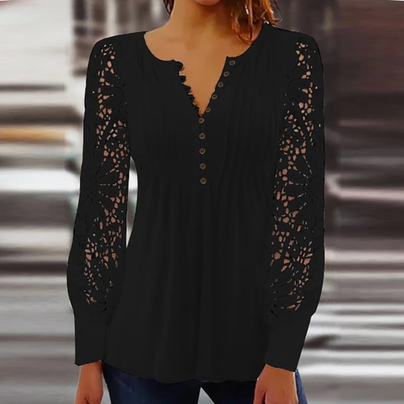 Blusa con maniche in pizzo e scollo a V con bottoni "Giovanna"