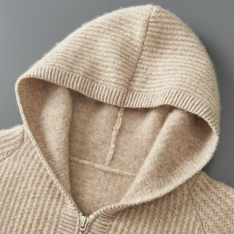 Cardigan con cappuccio e zip in lana merino "Manuela"