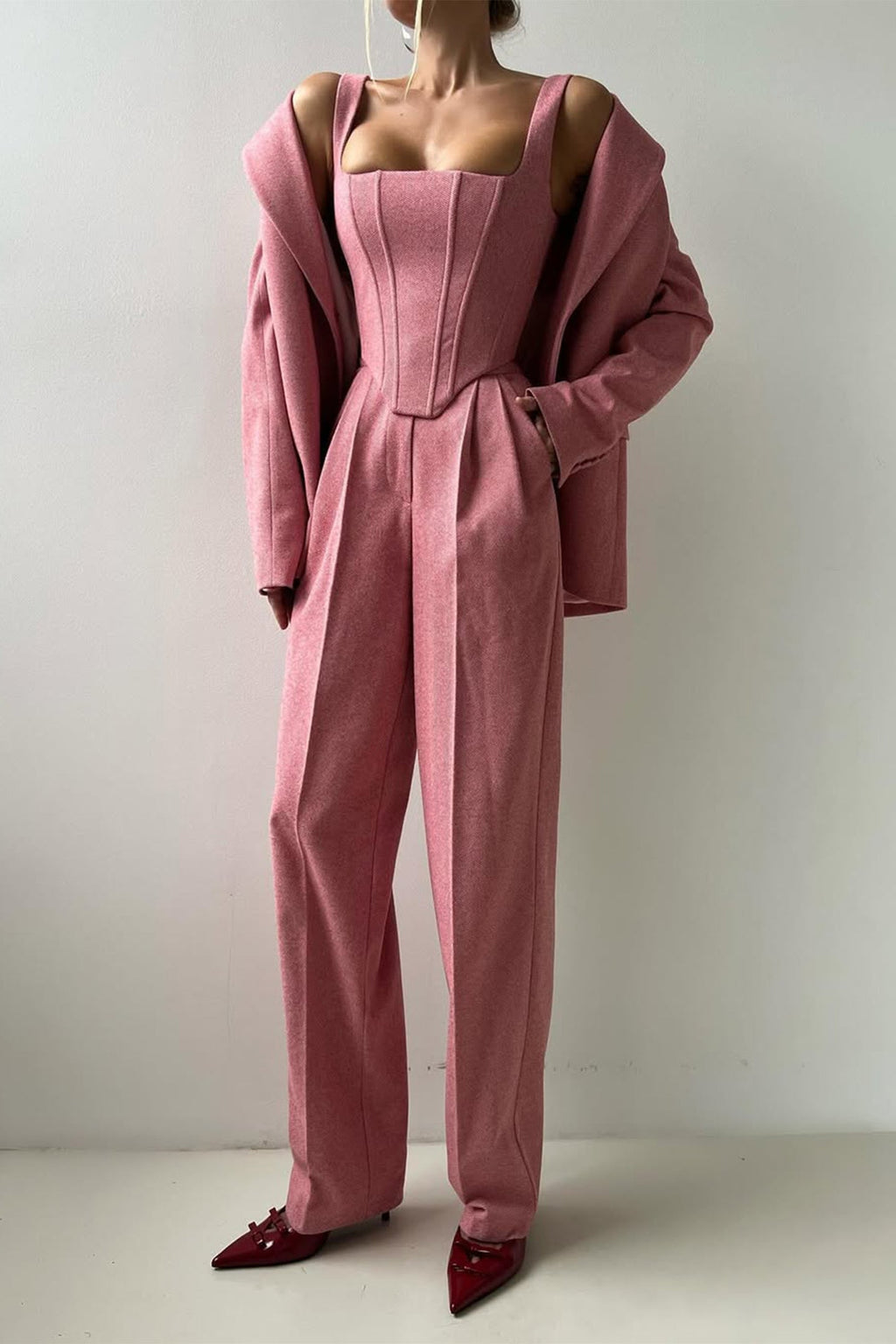 Completo tre pezzi blazer, top corsetto e pantaloni spigati "Elisabetta"