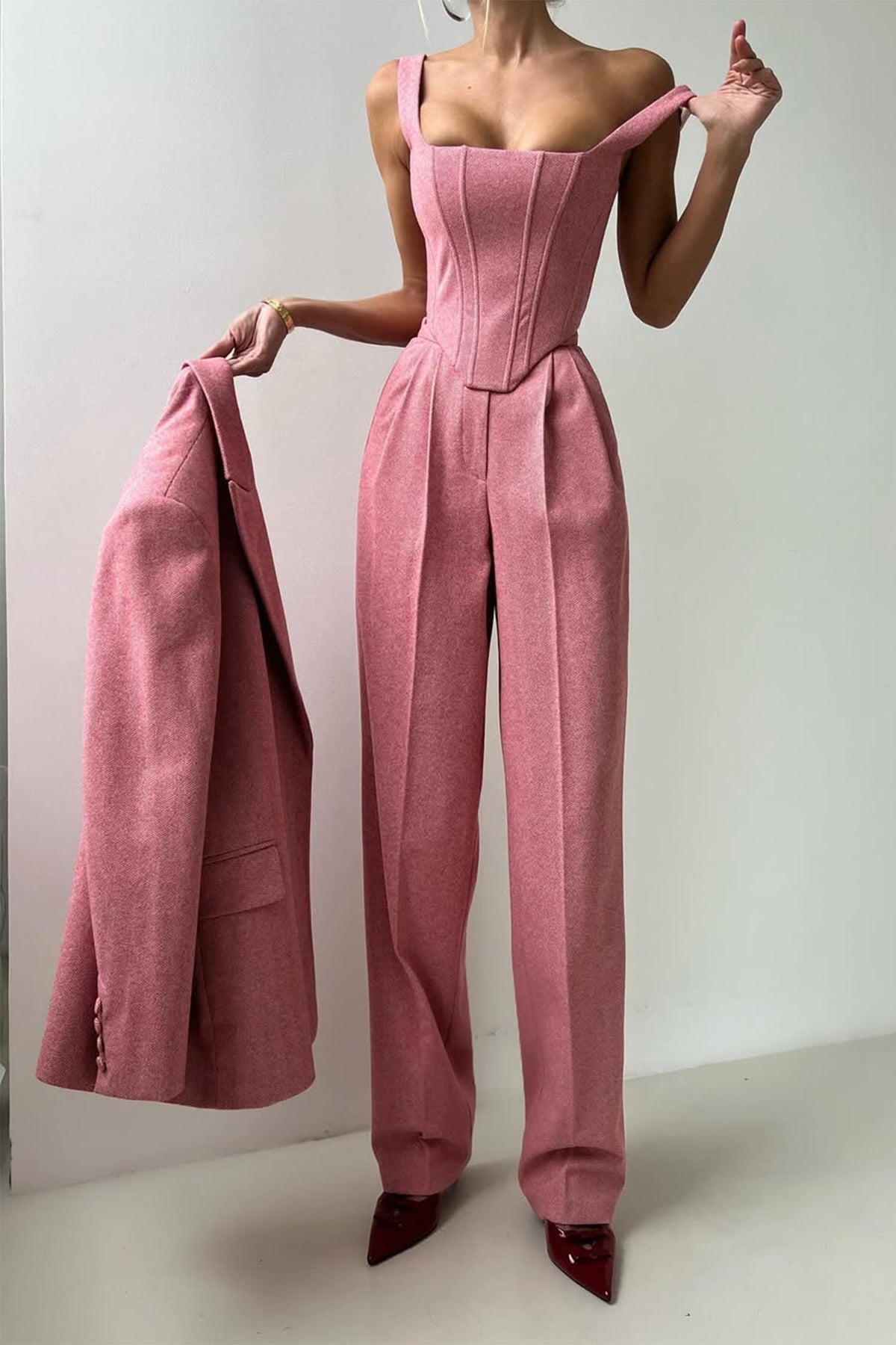 Completo tre pezzi blazer, top corsetto e pantaloni spigati "Elisabetta"