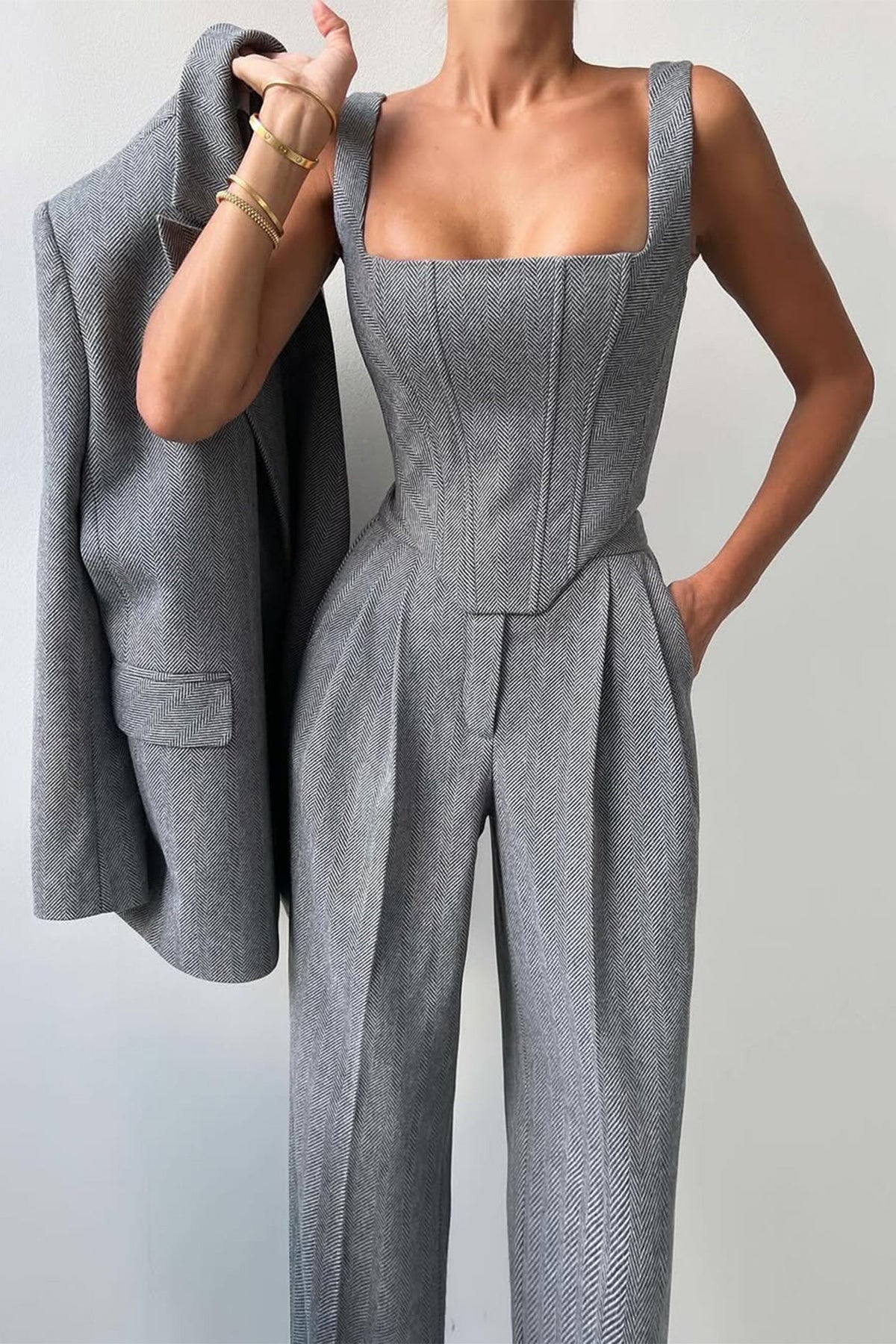Completo tre pezzi blazer, top corsetto e pantaloni spigati "Elisabetta"