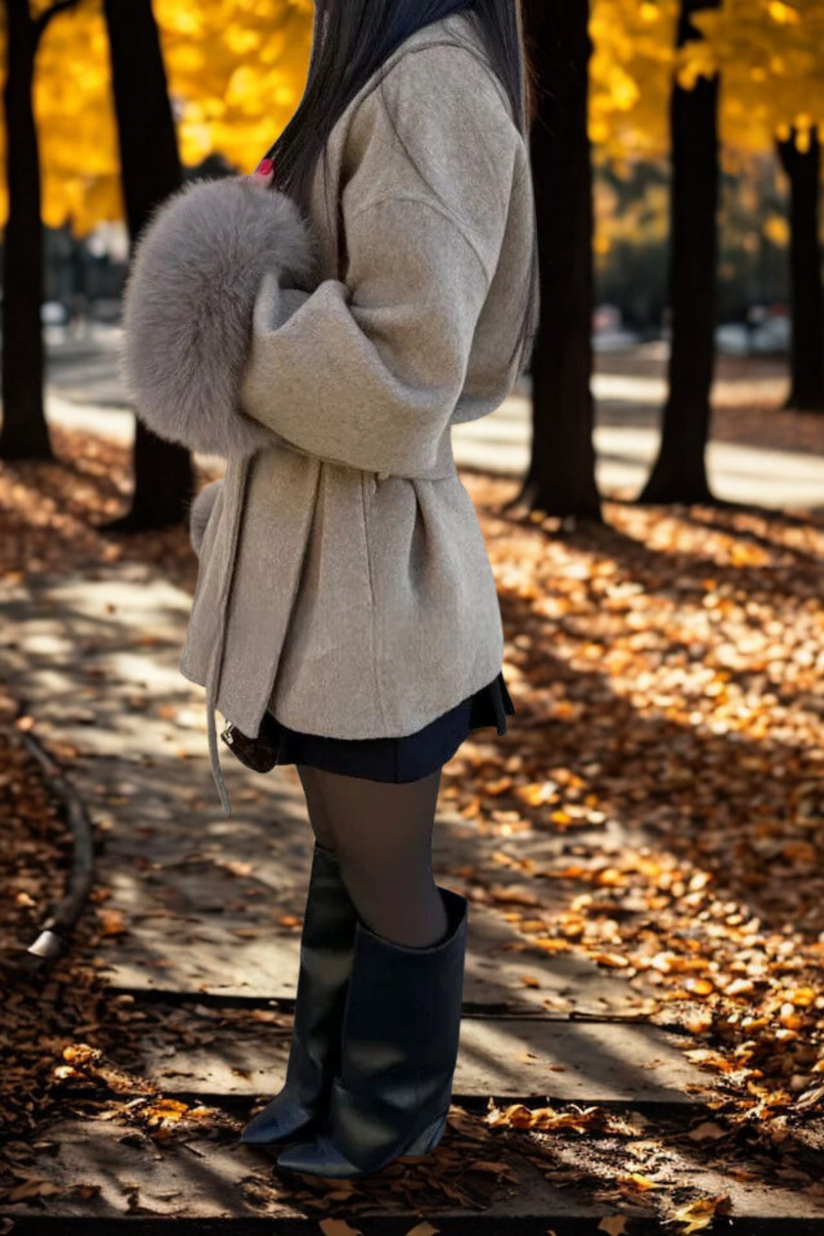 Cappotto a vestaglia con polsini in ecopelliccia "Allegra"