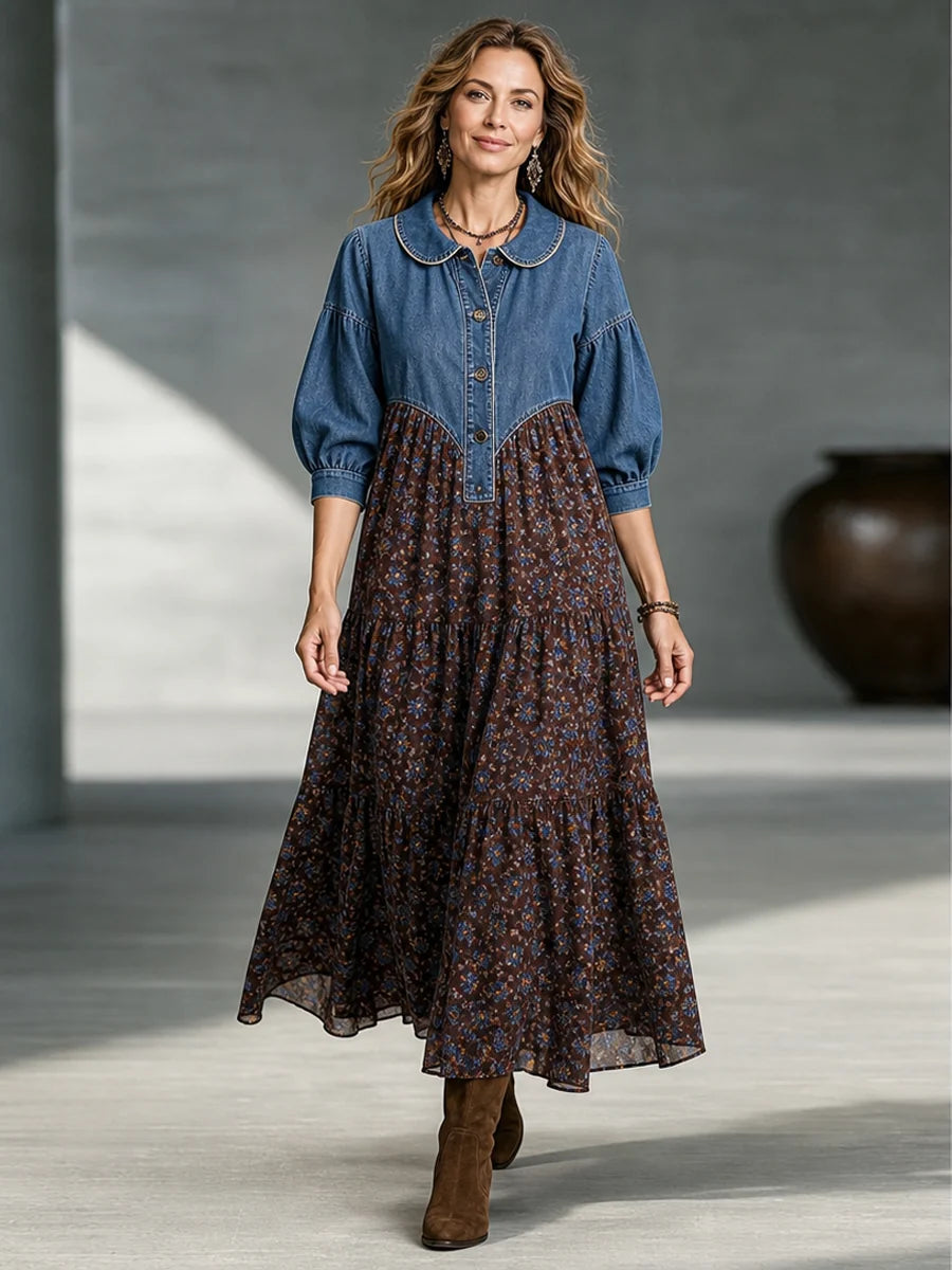 Abito lungo boho in denim e fiori "Adele"