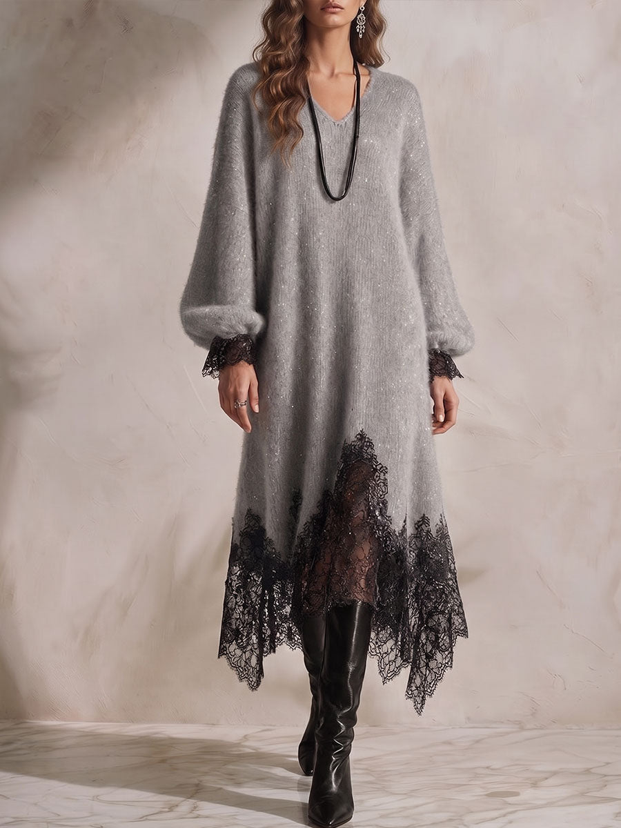 Abito midi in maglia con pizzo "Eleonora"