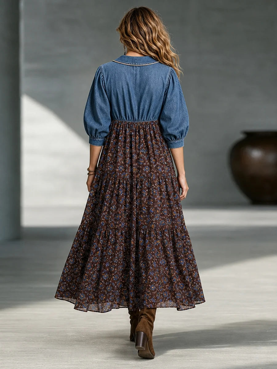 Abito lungo boho in denim e fiori "Adele"