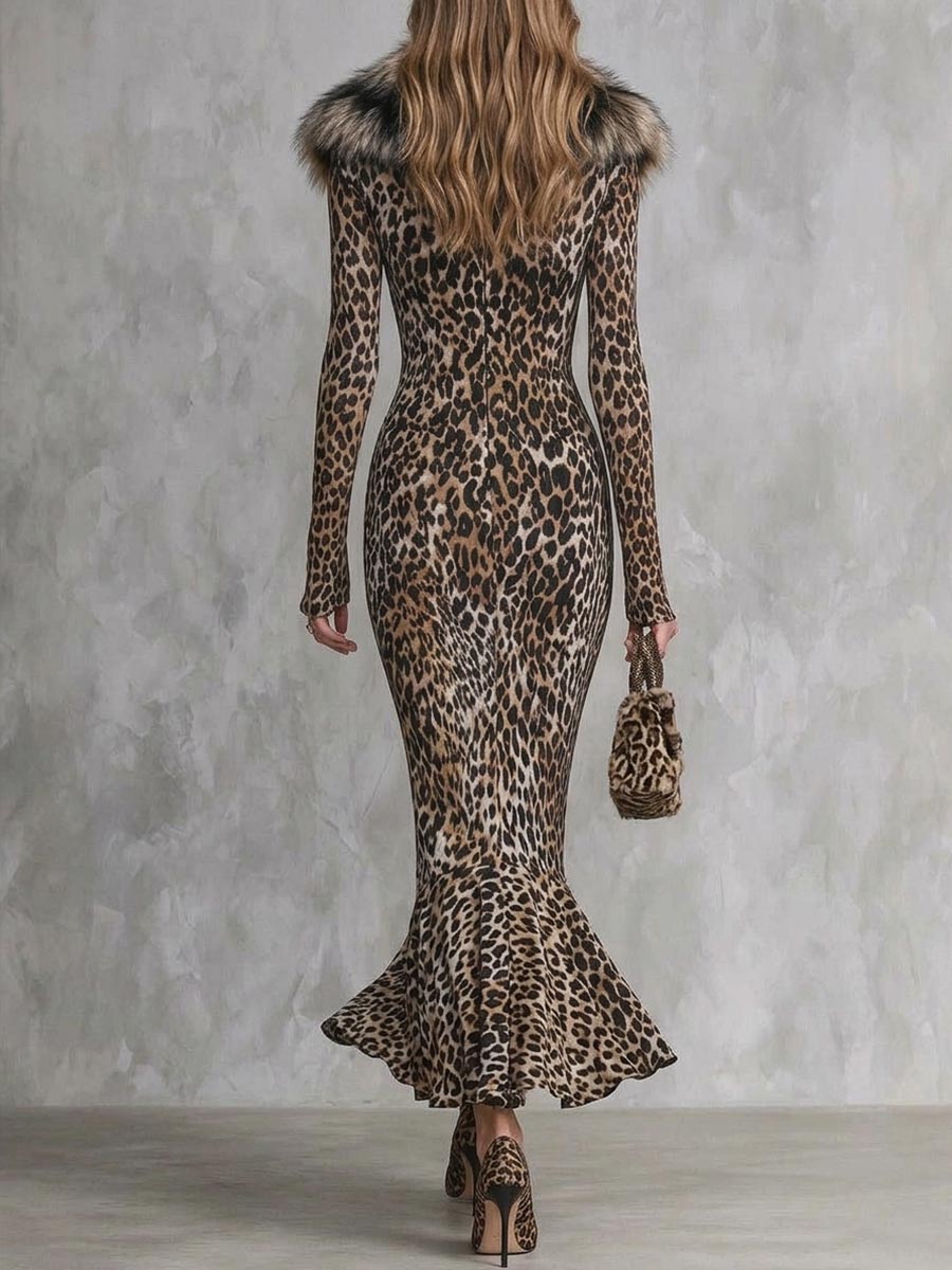 Abito lungo leopardato con collo in ecopelliccia "Margherita"