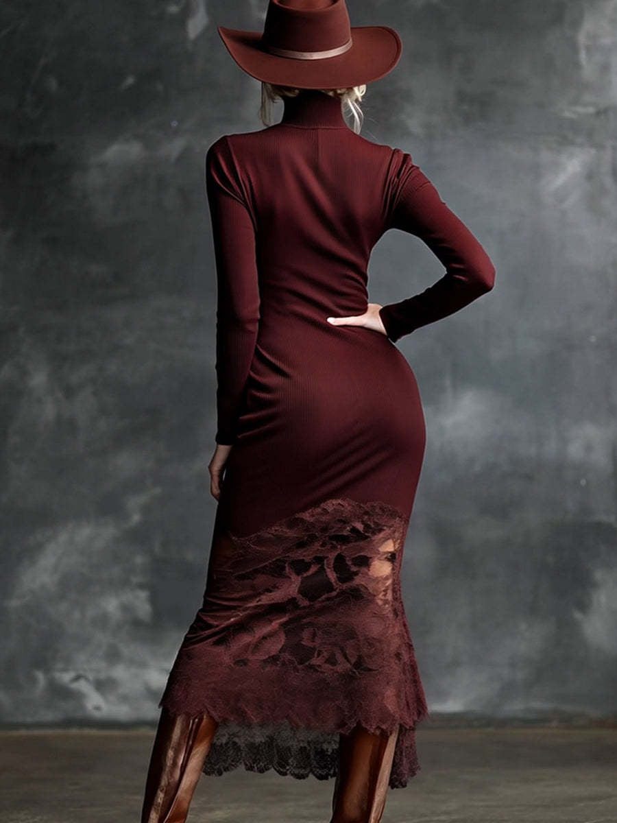 Abito midi in maglia a coste con pizzo "Michela"