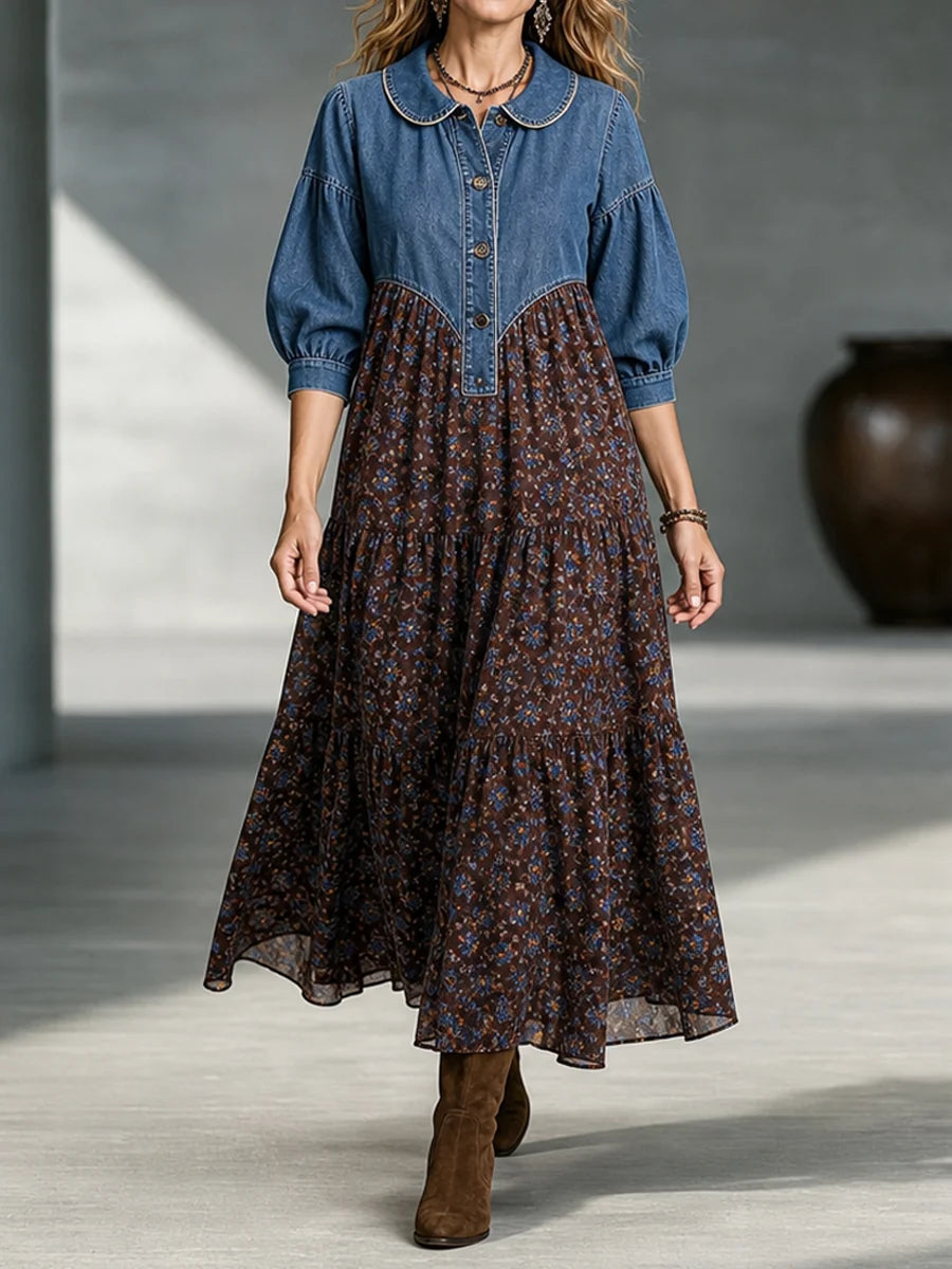 Abito lungo boho in denim e fiori "Adele"