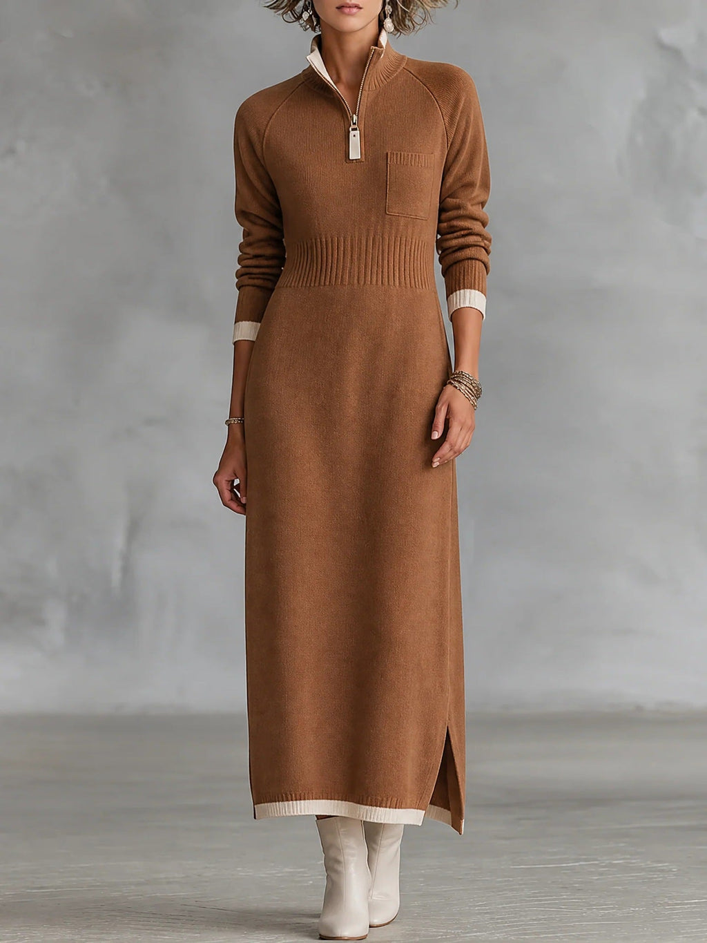 Abito midi in maglia con zip e bordi a contrasto "Rossella"
