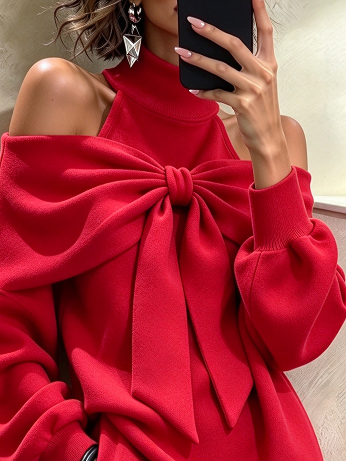 Abito rosso in maglia con fiocco "Natalia"