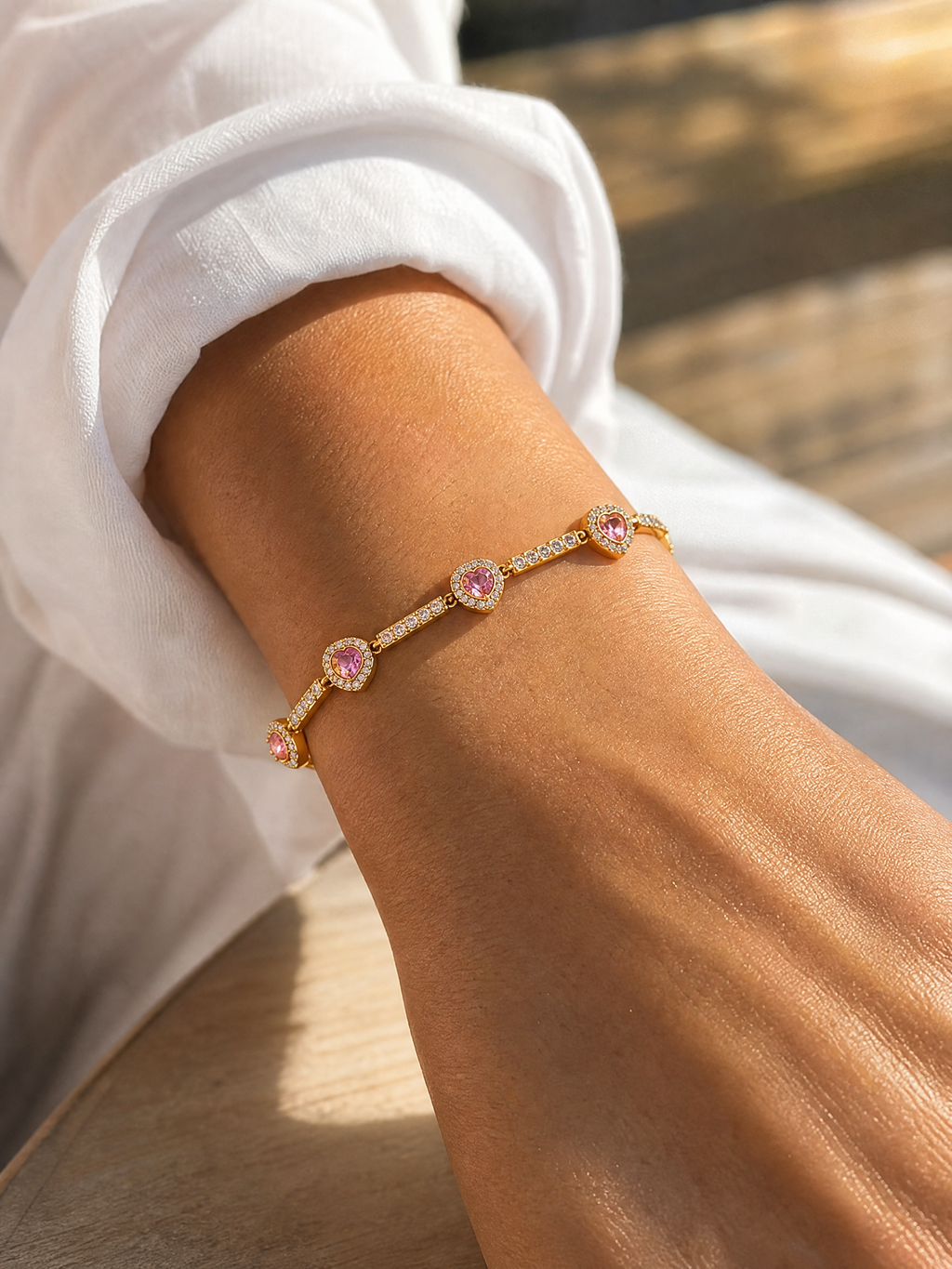 Bracciale tennis con cuori rosa "Joséphine"
