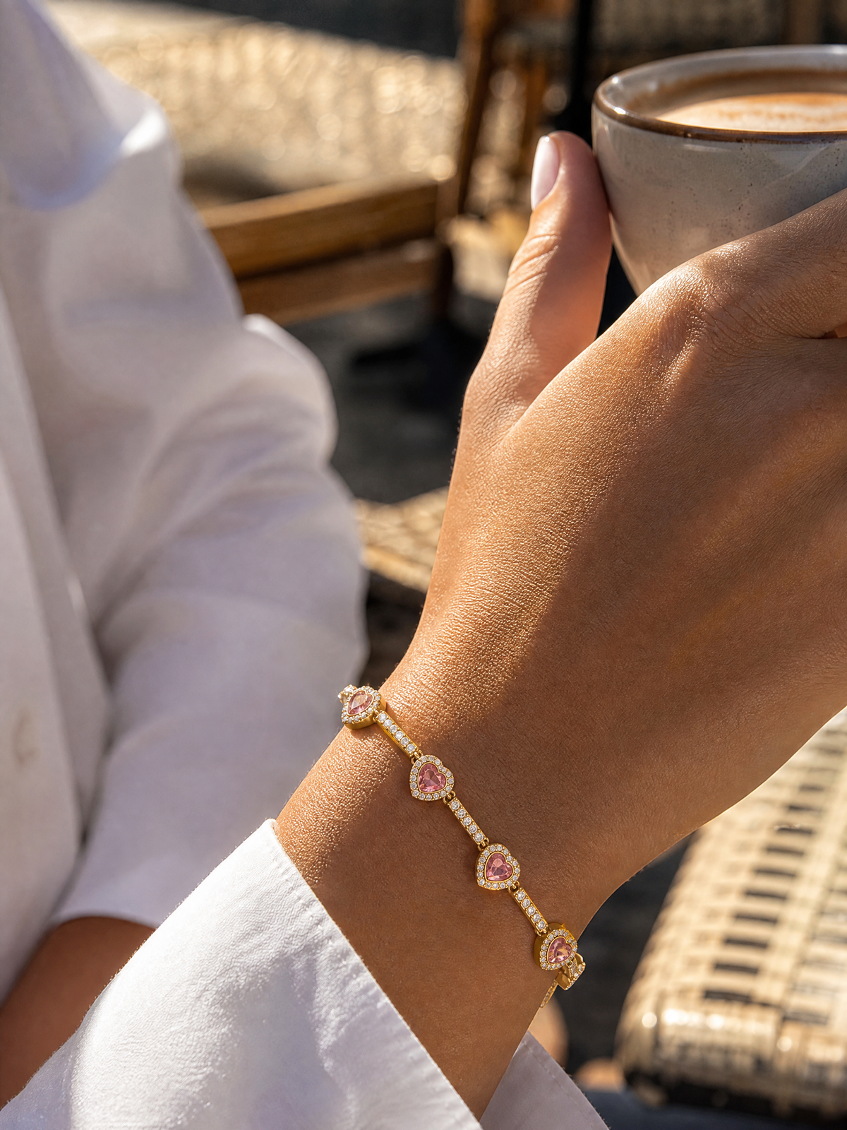 Bracciale tennis con cuori rosa "Joséphine"