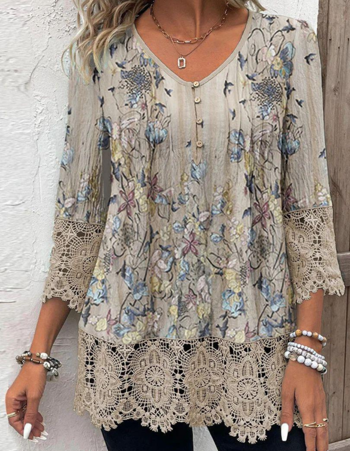 Blusa floreale con pizzo all'uncinetto e maniche a 3/4 "Loredana"
